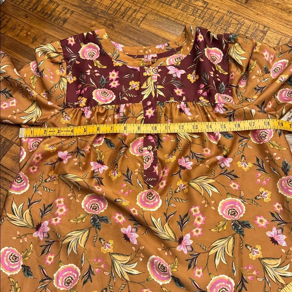 LOFT Floral Blouse Mustard Burgundy Long Sleeves Women's Small - Picture 13 of 14